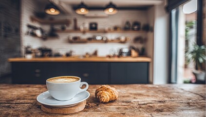 Obraz premium Latte in a white cup on a rustic wooden table in a cafe