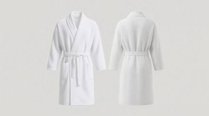 Blank white hotel bathrobe mockup, front and back view