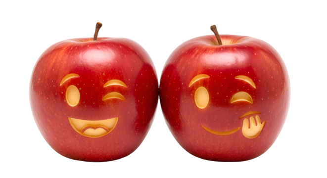 Two Red Apples Displaying Carved Expressions, Representing Joy and Playfulness on Transparent Background