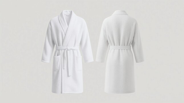 Blank white hotel bathrobe mockup, front and back view