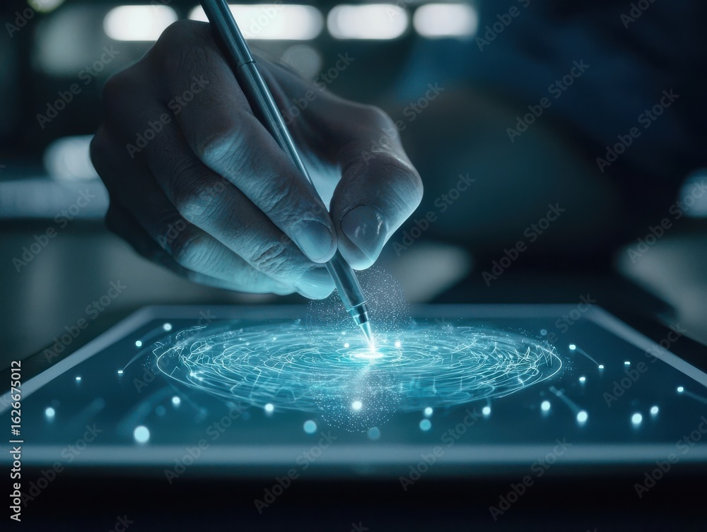 Poster a hand uses a stylus on a tablet, creating glowing digital patterns, highlighting technology and cre