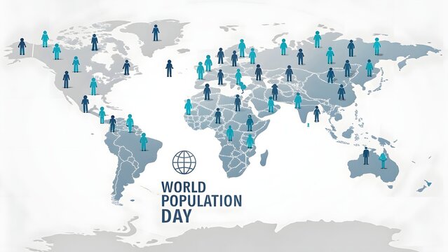 World population day concept with human figures spread across a stylized map - Powered by Adobe