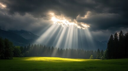 Sunlight breaking through dark clouds over a meadow