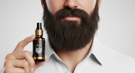 Man with Full Beard Holding Beard Oil Bottle