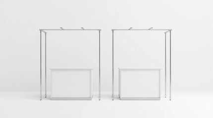 Blank white promo counter mockup stand, front and side view, clipping path, 3d rendering. Empty promotional pop up exhibition mock up.