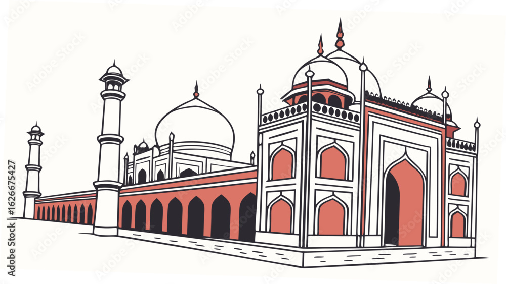 Aufkleber illustration of a large building with domes and minarets in red and white color scheme style design