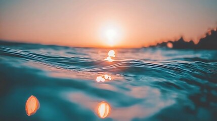 133. Calm ocean horizon at sunset with gentle waves and warm golden light reflecting on water