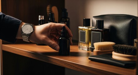 Man's Hand Reaching for Grooming Spray Bottle on Shelf