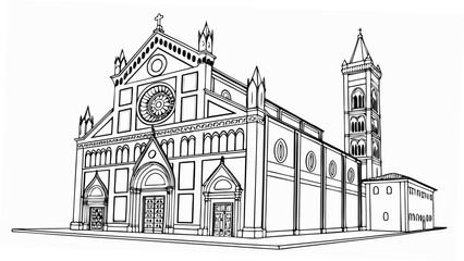 Fototapeta premium Illustration of the basilica di santa croce with its facade and bell tower in black and white line art