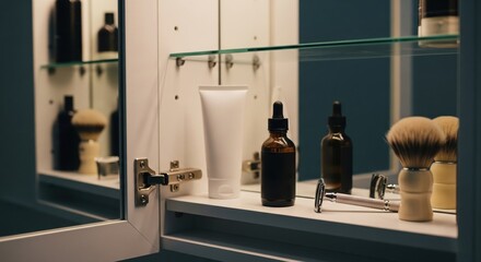 Men's Shaving and Grooming Essentials in Bathroom Cabinet