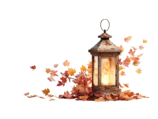 Rustic Lantern with Soft Warm Light and Maple Leaves on Transparent Background

