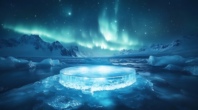 Ethereal aurora borealis shimmers above a glowing ice portal in a frozen arctic landscape - Powered by Adobe