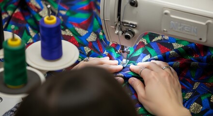 Close-up of a sewing machine in use, with a person's hands guiding colorful patterned fabric under the needle.