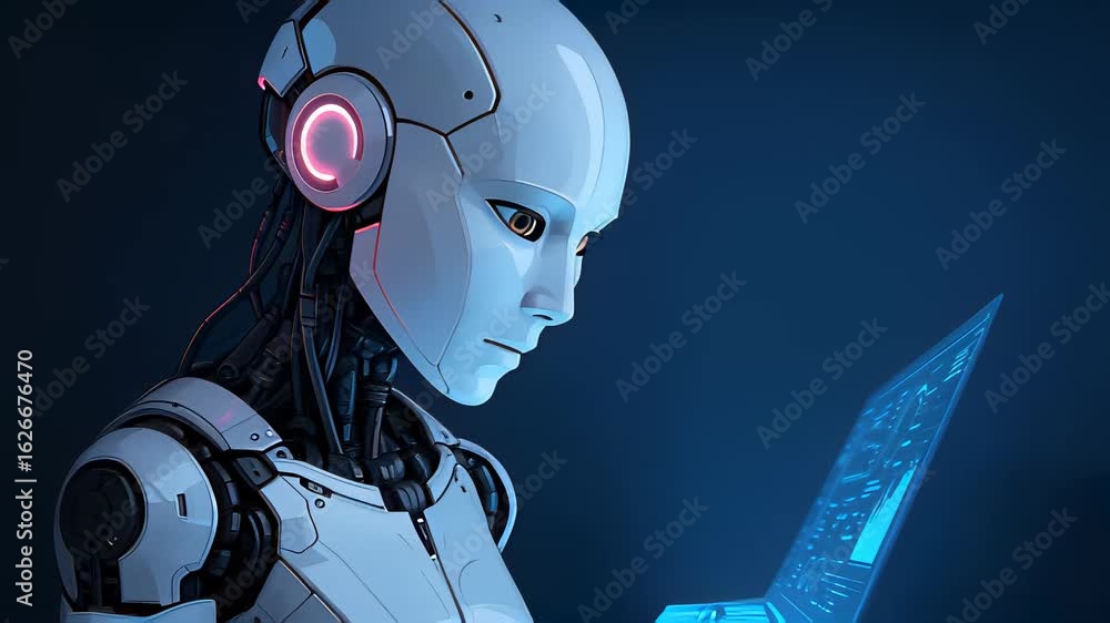 Poster futuristic robot interacts with advanced technology in a sleek, illuminated environment