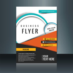 Modern Corporate Business Flyer or Brochure Template with Orange, Cyan, and Black Geometric Shapes and Clean Layout Vector Illustration.