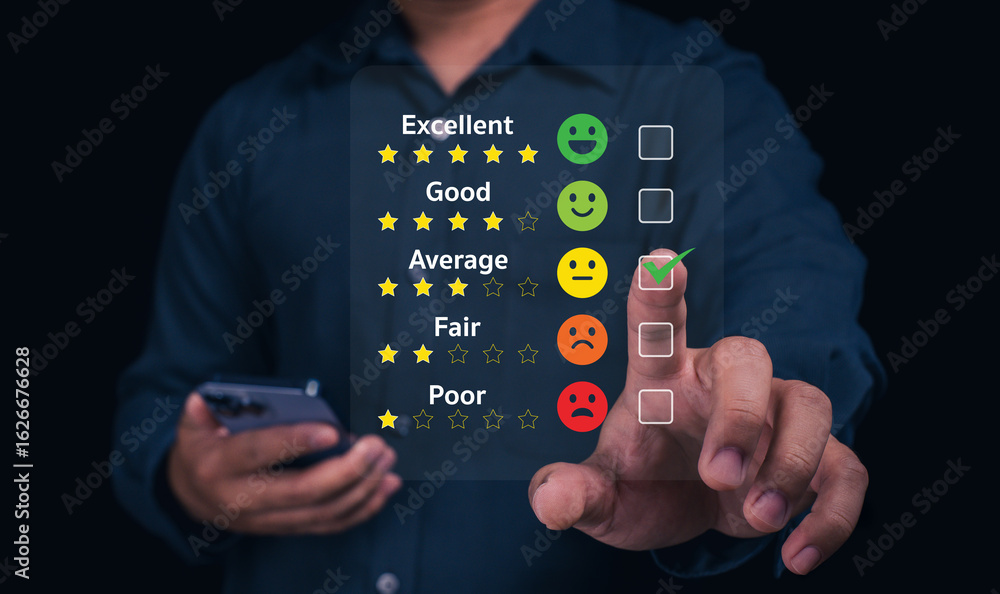Poster a person uses a digital interface to rate satisfaction, showing varying levels of feedback with smil