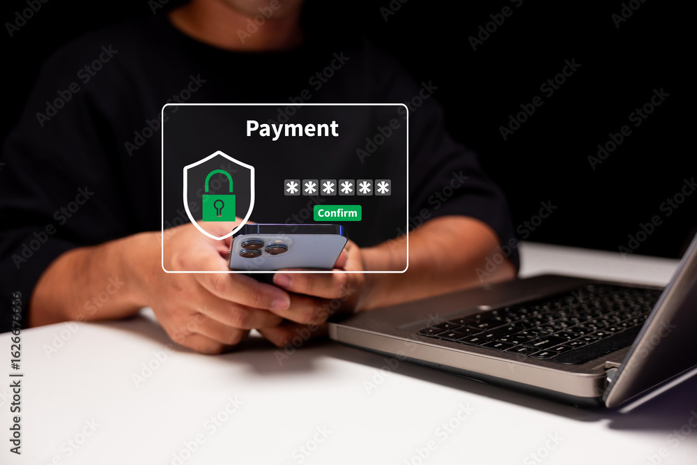Poster a person using a smartphone to confirm a secure online payment, highlighting digital security and e-
