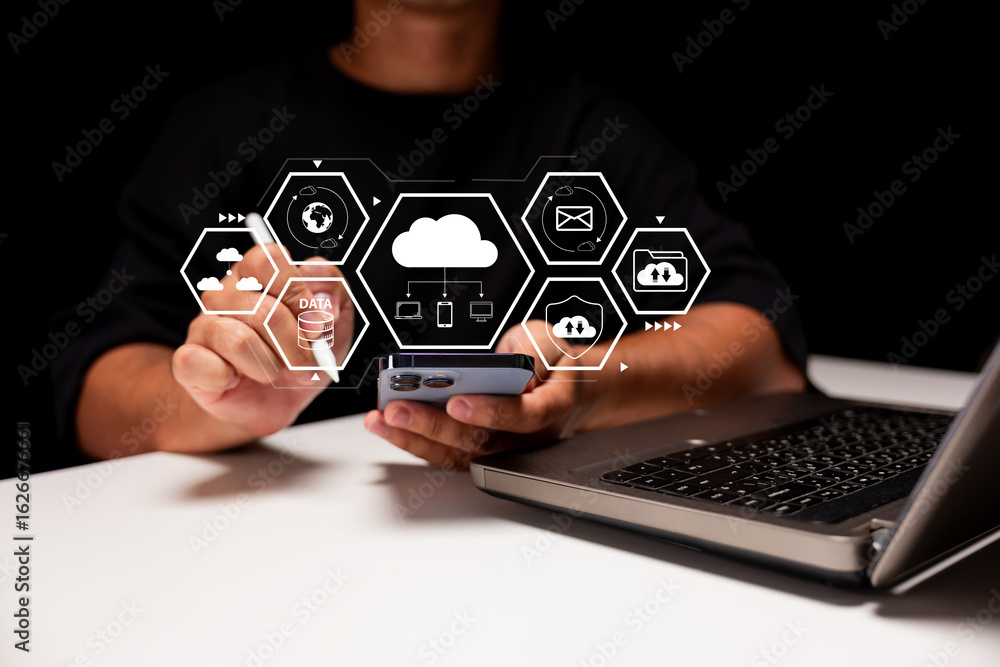 Poster a person uses a smartphone, interacting with digital icons representing data, cloud storage, and com