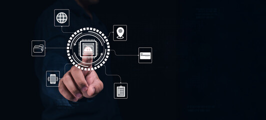 A person interacting with digital icons, representing technology and connectivity in a modern, dark-themed interface.