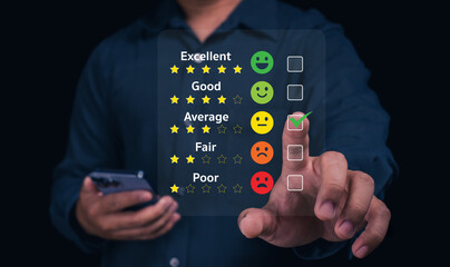 A person uses a digital interface to rate satisfaction, showing varying levels of feedback with smiley and frowny faces.