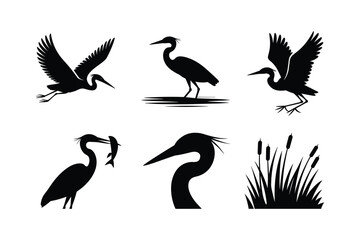 Obraz premium Herons in flight standing and catching fish with cattails bird silhouette