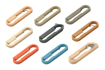 Assorted colored, rectangular,  clamshell-style  objects