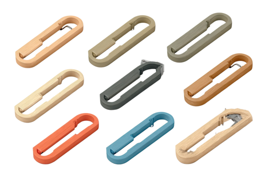 Assorted colored, rectangular,  clamshell-style  objects