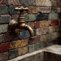 Antique brass faucet on a colorful mosaic brick wall