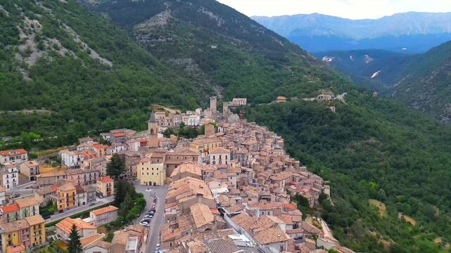 Italy, August 2, 2025: Panoramic aerial drone view of Pacentro, a medieval village in the Maiella National Park in the province of L'Aquila in Abruzzo. Peace, tranquility, and history await here.