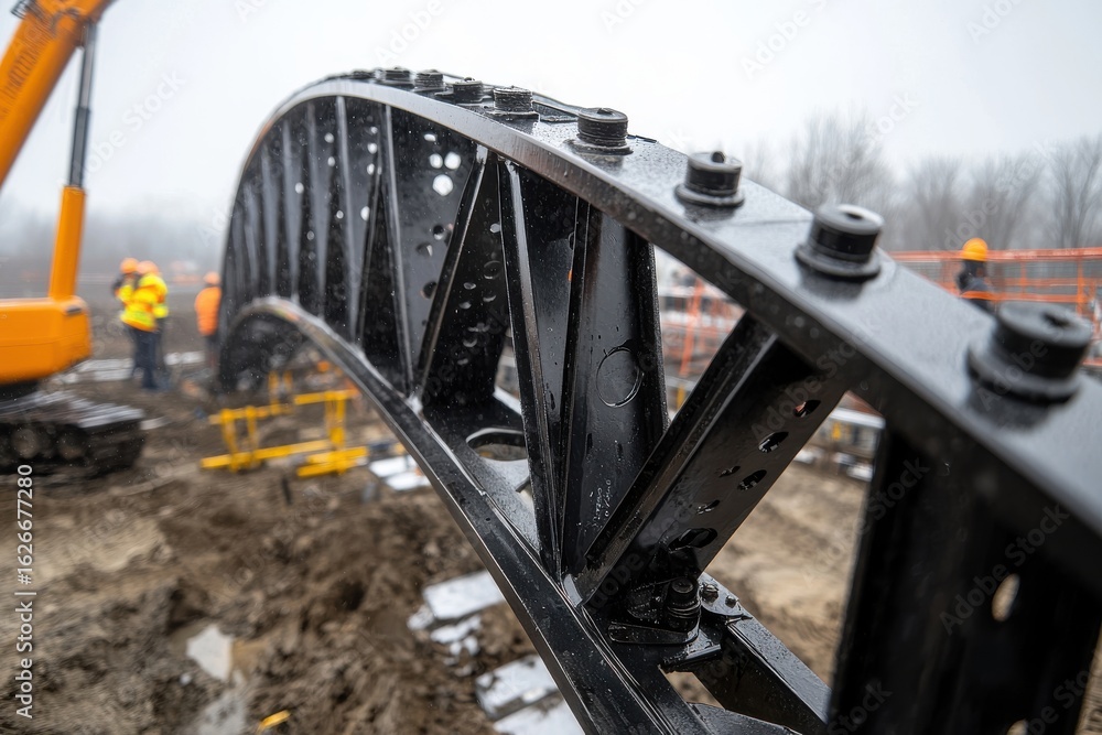 Poster engineer structural management concept. construction of a bridge arch with workers and machinery in 