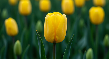 Obraz premium Close-up of bright yellow tulip blooming with blurred green garden background
