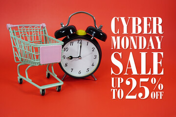 Cyber Monday Sale 25% Promotion and Marketing with trolley shopping cart and alarm clock on red...
