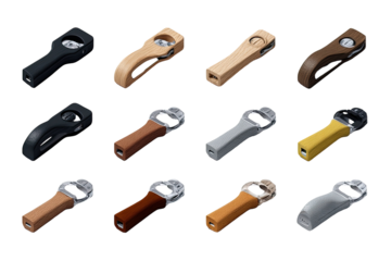 Assorted bottle openers, various colors and materials