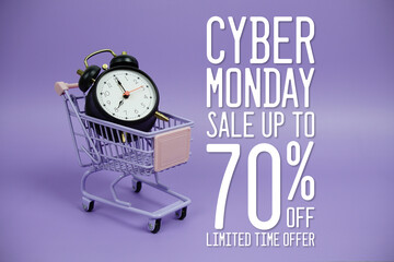 Cyber Monday Sale 70% Promotion and Marketing with trolley shopping cart and alarm clock on purple...