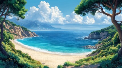 Fototapeta premium Gentle waves lap against a serene sandy shore embraced by vibrant greenery and clouds