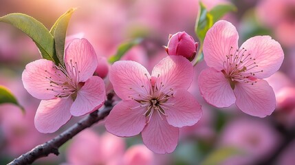 Obraz premium Delicate pink flowers adorn the branches, announcing the arrival of springtime beauty