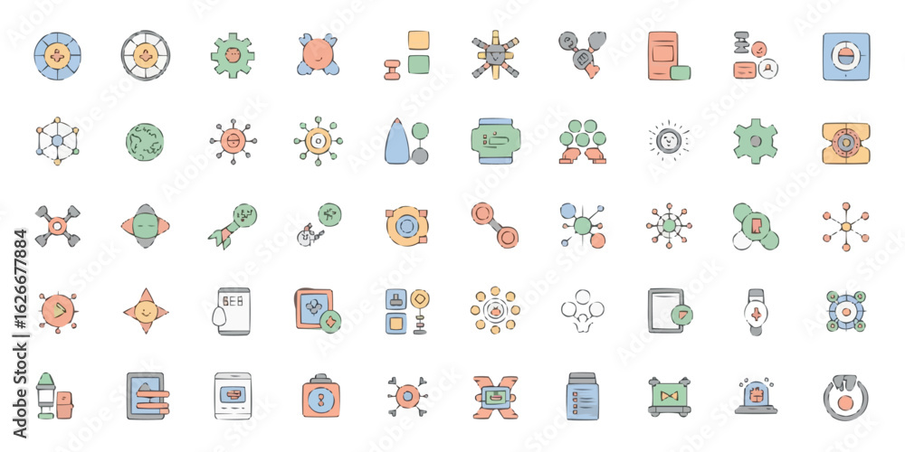 Poster comprehensive 50 piece technology icon set for digital interfaces and branding applications