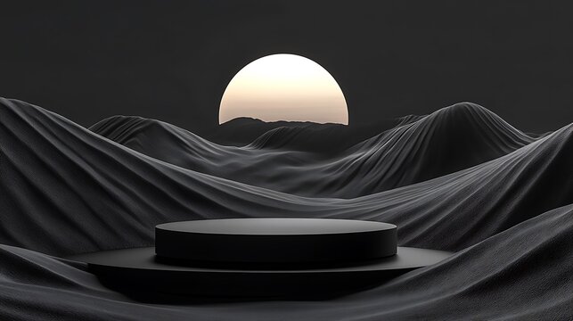 Minimalist dark landscape with circular platform and setting sun behind jagged mountains - Powered by Adobe