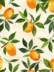 Mangoes are depicted in shades of orange and yellow, giving them a ripe and fresh appearance.