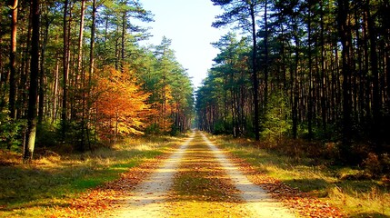 Fototapeta premium 125. Vibrant autumn forest path covered with golden leaves under clear blue sky