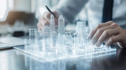 Engineer structural management Concept. Hands working on a transparent city model, representing urban planning and architecture concepts.