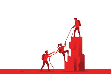 Three people help each other to climb a steep mountain using a rope