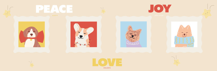 Horizontal banner with hand drawn cartoon hand drawn dogs in holiday frame. Winter animals for festive greetings.
