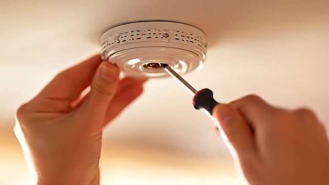 Installing ceiling smoke detector.