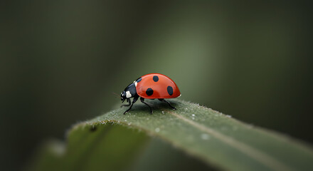 A small red spotted ladybug insect on a green leaf with black spots, captured in a macro close-up
