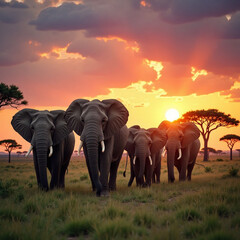 Fototapeta premium Elephant, Thai elephant, tusk, wild elephant, sunset, tree, nature, Generative AI