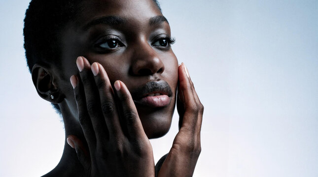 Black woman touching her face with gentle expression on gray background  