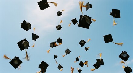 Graduation caps with tassels thrown into the blue sky at ceremony