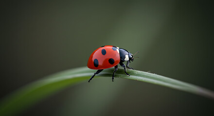 Fototapeta premium A Ladybug on a Green Leaf in a Tranquil Garden Setting