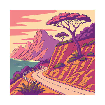 Winding Coastal Road Illustration at Sunset with Mountains and Trees

